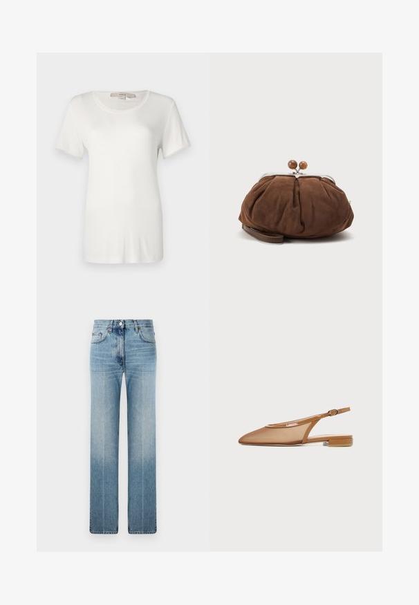 T-shirt blanc à manches courtes en coton doux et extensible. Dispose d'un col rond et d'une texture lisse et unie sans motifs visibles.; Jean droit bleu clair en denim, avec un léger dégradé, un design classique à cinq poches et un bouton en métal à la taille.; Chaussure plate à bride arrière marron avec bout pointu, fine bride avec boucle et petit talon bloc sur fond blanc.; Petit sac poignet en daim marron doux avec cadre en métal argenté et boules rondes marron de fermeture sur fond clair uni.