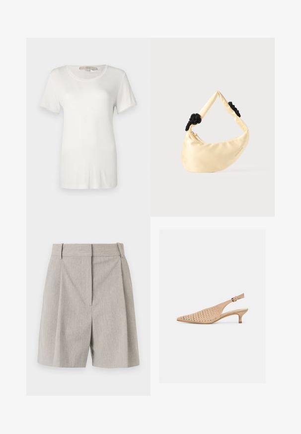 Hvid kortærmet t-shirt lavet af blød, strækbar bomuld. Har en rund halsudskæring og en glat, ensartet tekstur uden synlige mønstre.; By Malene Birger POVILLE - Shorts - grey brown; Beige spids tå slingback-sko med perforeret overdel, lav kitten-hæl og justerbar guldspænde-rem på hvid baggrund.; Skuldertaske i cremefarvet satin med to sorte flettede knuder på remmen og en synlig lynlåslukning.