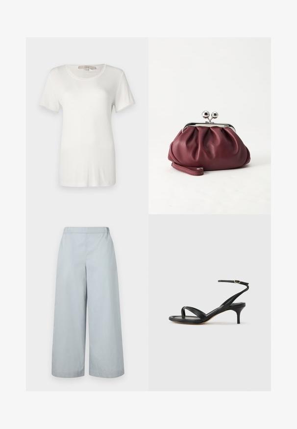 Camiseta blanca de manga corta hecha de algodón suave y elástico. Presenta un escote redondo y una textura lisa y uniforme sin patrones visibles.; MM by MaxMara ANTILLE - Pantalones - light blue; Sandalia negra de cuero para mujer con tiras finas, un lazo para el dedo del pie, hebilla en el tobillo y tacón de aguja de altura media sobre un fondo neutro.; Pequeño bolso de mano de cuero burdeos con cierre metálico plateado y correa de muñeca sobre un fondo blanco.