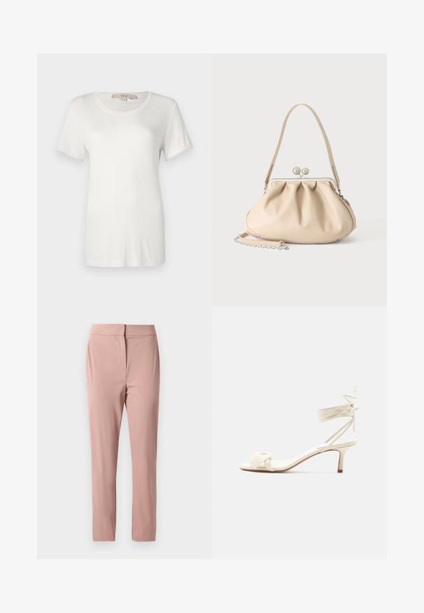 T-shirt blanc à manches courtes en coton doux et extensible. Dispose d'un col rond et d'une texture lisse et unie sans motifs visibles.; Pantalons ajustés, taille haute, rose pâle avec une fermeture frontale dissimulée, confectionnés en tissu lisse et léger.; Sandale à talon bas de couleur crème avec des liens à nouer autour de la cheville et une large bride torsadée sur les orteils, sur un fond blanc uni.; Sac à main en cuir souple beige avec un fermoir en métal argenté, une bandoulière simple et une bandoulière chaîne optionnelle sur fond blanc.
