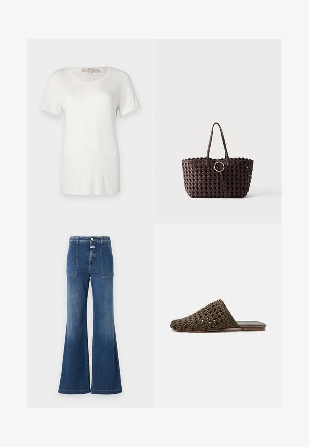 T-shirt blanc à manches courtes en coton doux et extensible. Dispose d'un col rond et d'une texture lisse et unie sans motifs visibles.; Jeans évasés taille haute en denim bleu moyen avec une finition délavée. Dotés de poches plaquées et d'une fermeture à bouton. Ourlet propre.; Mule tissée marron à enfiler avec une semelle plate et un bout fermé arrondi sur fond blanc.; Sac cabas tissé marron foncé avec deux poignées et un détail boucle circulaire dorée au centre sur fond uni.