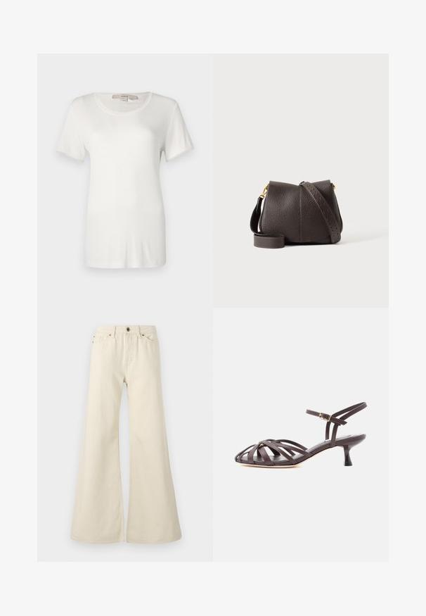 Camiseta blanca de manga corta hecha de algodón suave y elástico. Presenta un escote redondo y una textura lisa y uniforme sin patrones visibles.; Jeans acampanados de color beige claro, fabricados en algodón. Presentan una cintura alta, cinco bolsillos y un cierre de botón con detalles de costura en contraste.; Sandalia de tacón bajo tipo gatito de cuero marrón oscuro con tiras y hebilla ajustable en el tobillo, sobre fondo blanco.; Bolso bandolera de cuero texturizado marrón oscuro con una correa ancha ajustable y herrajes en tono dorado sobre un fondo liso claro.