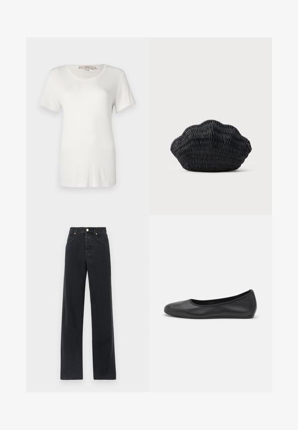T-shirt blanc à manches courtes en coton doux et extensible. Dispose d'un col rond et d'une texture lisse et unie sans motifs visibles.; Jean en denim noir avec taille haute, coupe droite, design à cinq poches, coutures visibles et fermeture à bouton en métal.; Ballerines en cuir noir avec un bout rond, texture lisse, détails de couture minimalistes et design de semelle flexible.; Sac à main en osier noir en forme de coquille Saint-Jacques avec un dessus courbé et une texture tressée sur un fond uni.