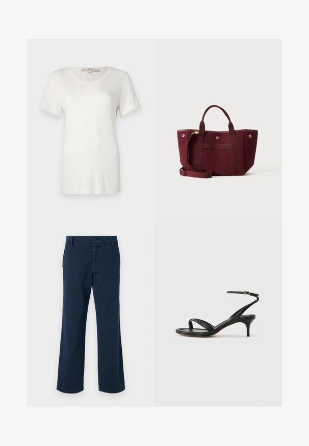 T-shirt blanc à manches courtes en coton doux et extensible. Dispose d'un col rond et d'une texture lisse et unie sans motifs visibles.; CLOSED SERANDON - Pantalon classique - dark night; Sandale pour femme en cuir noir avec fines lanières, une boucle d'orteil, une boucle à la cheville et un talon aiguille de hauteur moyenne sur un fond neutre.; Sac cabas bordeaux avec deux poignées, une bandoulière réglable et des fermetures à bouton-pression dorées sur un fond uni.