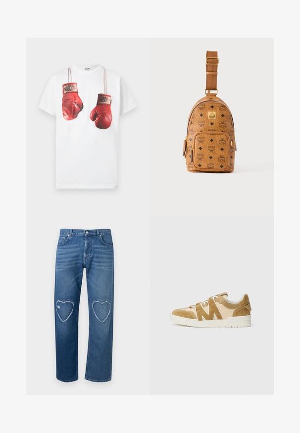 Weißes Baumwoll-T-Shirt mit einem grafischen Aufdruck roter Boxhandschuhe, akzentuiert mit beigen Riemen und dem Markennamen "Moschino" auf den Handschuhen.; Blaue Denim-Jeans mit hoher Taille, geraden Beinen und ausgefransten, herzförmigen Ausschnitten an beiden Knien.; Beige und braune Sneaker mit einer Mischung aus Wildleder und Mesh, featuring ein markantes 'M' Ausschnitt Design, weißen Schnürsenkeln und einer strukturierten Gummisohle.; Kleine hellbraune Leder-Crossbody-Tasche mit verstellbarem Riemen, Frontreißverschlusstasche und sich wiederholendem schwarzem MCM-Logo-Muster.
