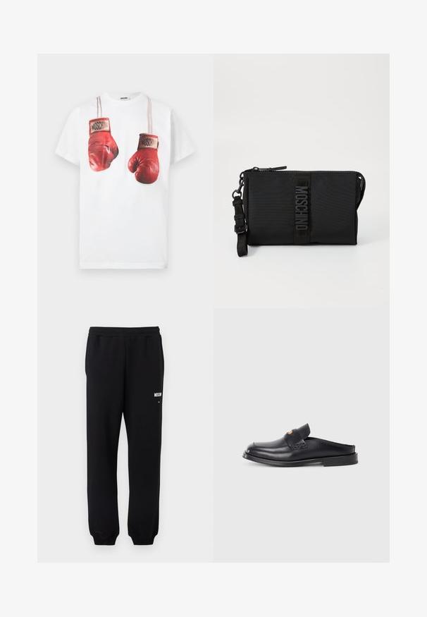 Weißes Baumwoll-T-Shirt mit einem grafischen Aufdruck roter Boxhandschuhe, akzentuiert mit beigen Riemen und dem Markennamen "Moschino" auf den Handschuhen.; Schwarze Jogginghose mit elastischem Bund und Bündchen, mit kleinem weißem "Moschino"-Logo auf dem oberen linken Oberschenkel.; Schwarzer Leder Slipper mit runder Zehe, niedrigem Absatz und geflochtenem Designdetail im Obermaterial. Zeichnet sich durch minimalistisches Styling und glatte Textur aus.; Schwarze Nylon-Clutch-Tasche mit einem strukturierten Logo-Patch, einem Reißverschluss und einem verstellbaren Schulterriemen. Kompakte rechteckige Form.
