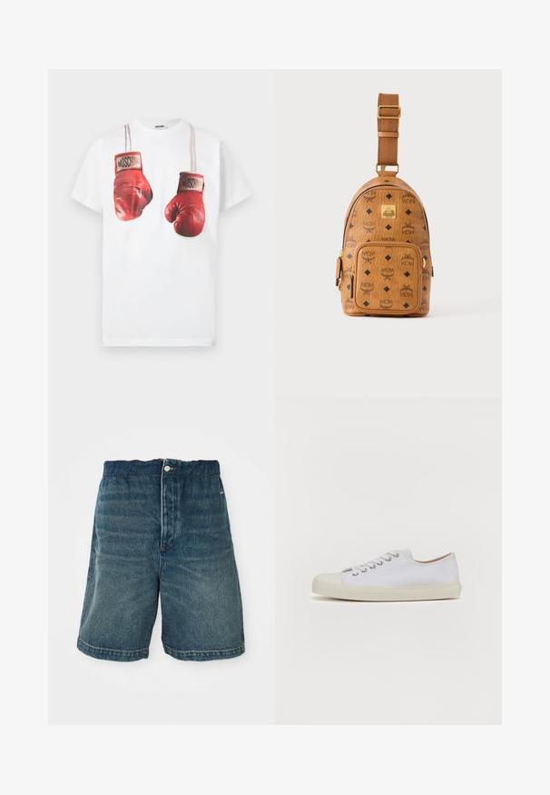 Weißes Baumwoll-T-Shirt mit einem grafischen Aufdruck roter Boxhandschuhe, akzentuiert mit beigen Riemen und dem Markennamen "Moschino" auf den Handschuhen.; Dunkelblaue Denim-Shorts mit lockerer Passform, Knopfverschlüsse und sichtbaren Nähten an Saum und Taschen.; Weißes Leinenschuh mit runder Zehenpartie, flacher cremefarbener Gummisohle, sechs Ösen für die Schnürsenkel und dezenten Nähdetails auf dem Obermaterial.; Kleine hellbraune Leder-Crossbody-Tasche mit verstellbarem Riemen, Frontreißverschlusstasche und sich wiederholendem schwarzem MCM-Logo-Muster.