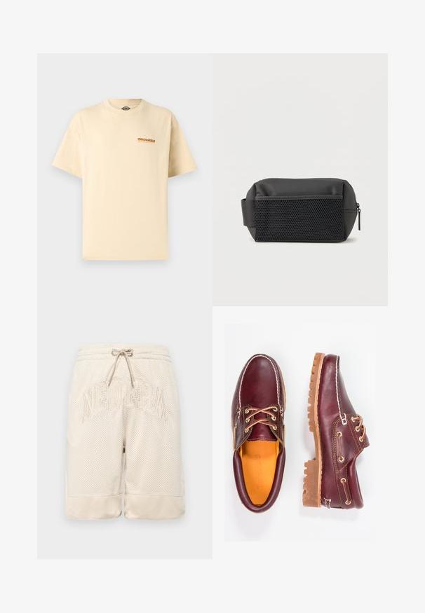 Camiseta beige de manga corta Dickies con pequeño logo naranja y negro en el pecho izquierdo, cuello redondo, diseño sencillo.; Shorts de malla beige con una superficie texturizada, que cuentan con una cintura ajustable mediante cordón y el logo "NEWERA" prominentemente bordado en la parte frontal.; Zapatos de cuero burdeos con suelas de goma marrón, puntera redonda, costuras blancas y ojales dorados. El interior cuenta con un forro amarillo.; Bolsa de aseo rectangular negra con bolsillo frontal de malla, asa lateral y cierre de cremallera sobre fondo blanco.