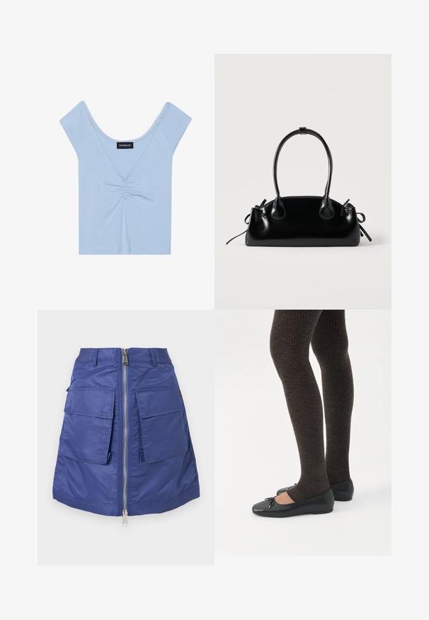 Lyseblå kortærmet top lavet af blødt stof, med en samlet front, en scoop halsudskæring og bølgende kant langs halsudskæringen.; Mørkeblå nederdel lavet af nylon med lynlås i front. Har to store påsyede lommer og en struktureret silhuet. Glat tekstur.; Ben iført mørke ribbede leggings kombineret med sorte balletsko med små sløjfedetaljer på hvid baggrund.; Lille sort blank håndtaske med to lange håndtag og snøre-detaljer i siden på en ensfarvet lys baggrund.