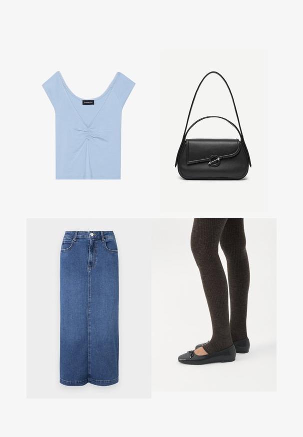 Lichtblauwe top met korte mouwen, gemaakt van zachte stof, met een geplooide voorkant, een ronde hals en geschulpte rand langs de halslijn.; Denim maxi rok in donkerblauw, met een rechte snit, een tailleband met knoopsluiting en minimale stikdetails.; Benen met donkere geribbelde leggings gecombineerd met zwarte ballerina's met kleine strikdetails op een witte achtergrond.; Zwarte leren handtas met afgeronde hoeken, asymmetrische klep, metalen ronde sluiting en zowel korte als lange schouderriemen.