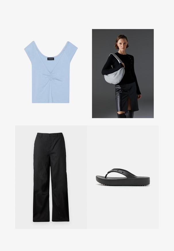Haut à manches courtes bleu clair en tissu doux, avec un devant froncé, un décolleté arrondi et une bordure festonnée le long du décolleté.; Pantalons noirs à jambes larges en tissu lisse. Dotés d'une fermeture à bouton et de passants de ceinture. Sans motifs ni accents visibles.; Sandales tongs noires en caoutchouc avec un fond texturé, des brides fines et une semelle rembourrée dotée de petits points surélevés pour une meilleure adhérence.; Sac hobo de couleur gris clair, en matériau doux, de forme arrondie. Stylé avec un haut noir à manches longues et une jupe en cuir noir avec une fente à l'avant.
