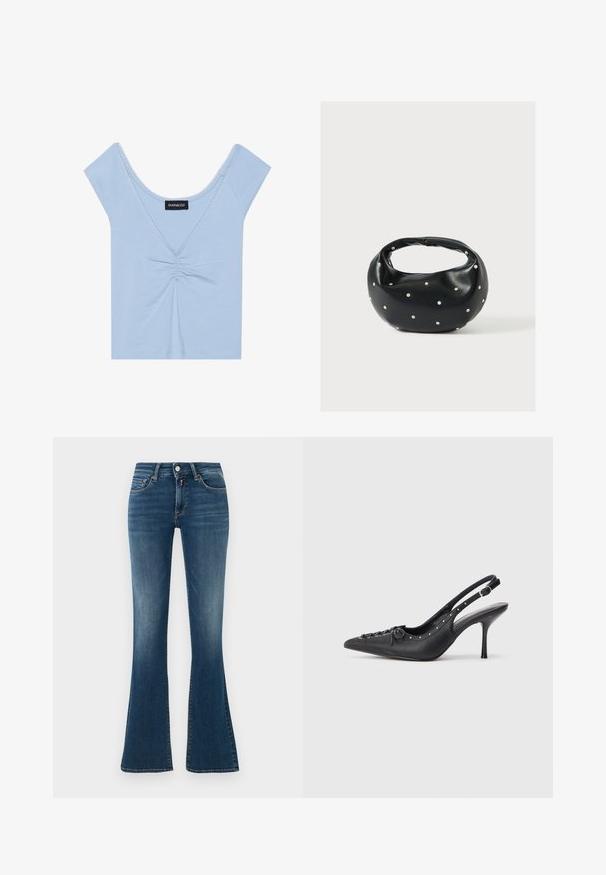 Helles blaues Kurzarmoberteil aus weichem Stoff, mit gerafftem Vorderteil, Rundhalsausschnitt und gewelltem Saum entlang des Ausschnitts.; Blaue Denim-Hosen mit hoher Taille und leichtem Verblassen, vorderen Taschen, Knopf, Reißverschluss und ausgestellten Beinen vor einem schlichten hellen Hintergrund.; Schwarzer Leder-Slingback-Stiletto mit spitzem Zehenaufsatz, seitlichem Schnallenriemen, Nieten entlang der Kante und dekorativer Schnürung vorne.; Schwarze Lederhandtasche mit abgerundeter Form, verziert mit silbernen Nietenakzenten und kurzem Griff. Glatte Struktur und Reißverschlussverschluss.