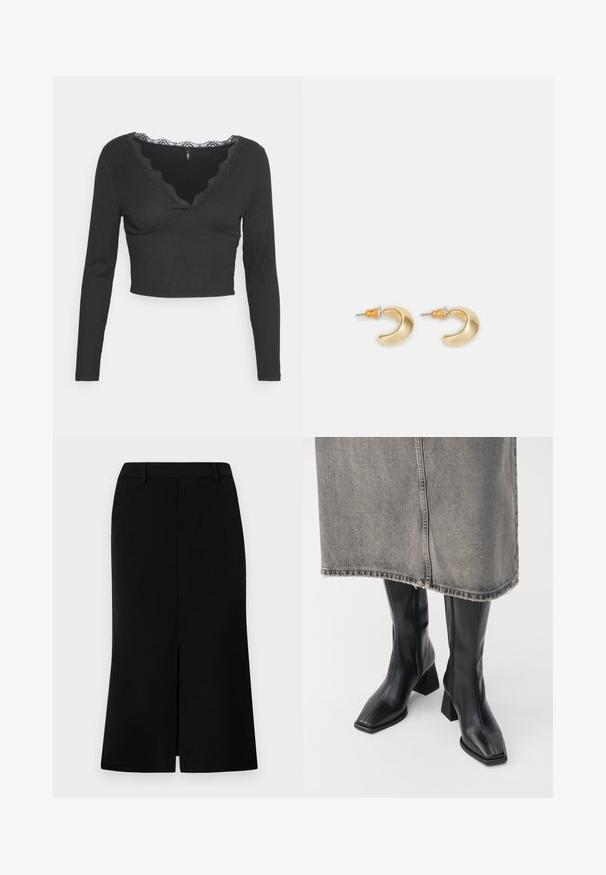 ONLY Petite ONLTALIA - Camiseta de manga larga - black; Falda negra hasta la rodilla con una silueta recta, que presenta una abertura frontal, una textura suave y una cintura entallada.; Botas negras hasta la rodilla de cuero liso con punta cuadrada y tacón cuadrado. Llevadas con una falda de mezclilla gris con dobladillo desflecado.; Pendientes en forma de media luna de oro con un acabado suave, que presentan acentos naranjas cerca del pasador y herrajes de plata.