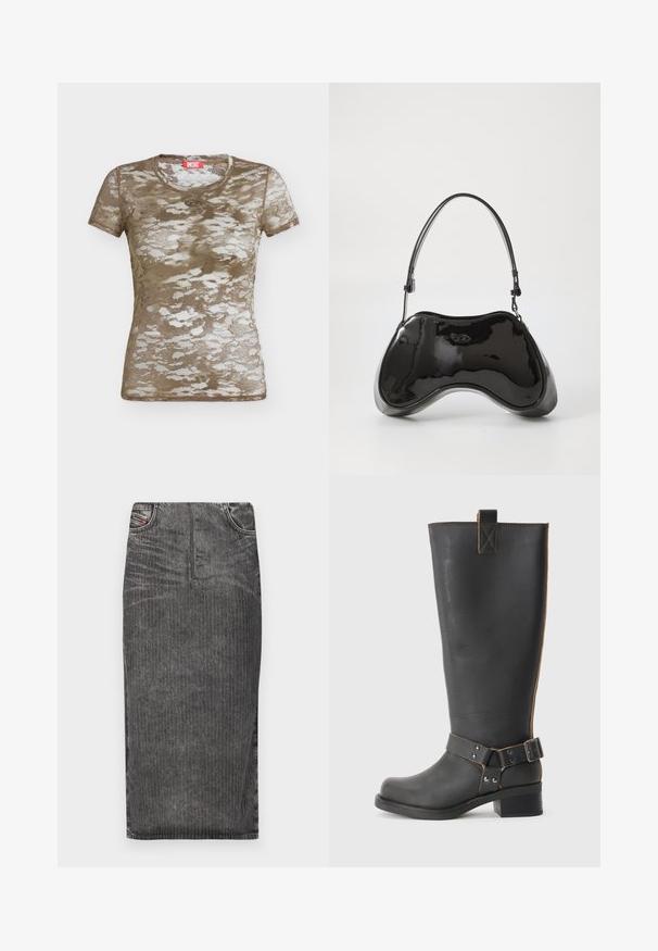 Kurzärmeliges, enganliegendes Mesh-T-Shirt im braunen Camouflage-Muster mit einem kleinen Diesel-Logo unterhalb des Kragens, auf neutralem Hintergrund.; Grauer Denim-Midi-Rock mit vertikalen Nadelstreifen, hoher Taillenbund, Fünf-Taschen-Design und einem sauberen Saum.; Schwarze Leder-Stiefel bis zum Knie mit strukturiertem Finish, seitlichem Schnallenakzent und niedrigem Absatz. Detaillierte Steppnähte entlang der Nähte.; Schwarze Handtasche aus lackiertem Leder mit einer einzigartigen, geschwungenen Form, kurzem verstellbarem Griff und einem Reißverschluss oben. Glatte Textur mit dezentem Branding.