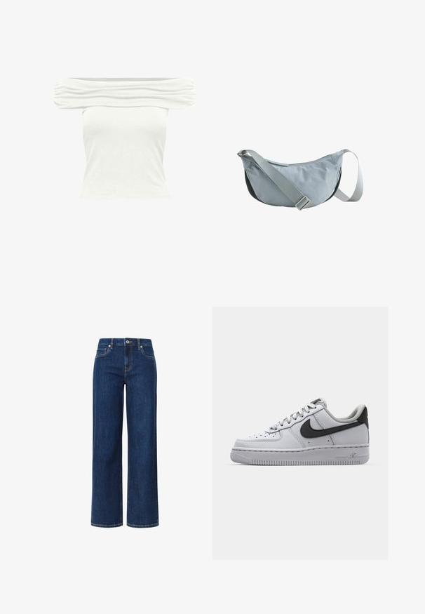Haut court blanc à épaules dénudées en tissu côtelé avec un effet froncé le long de l'encolure et une coupe courte et ajustée.; Jean large en denim bleu foncé avec une texture lisse, présentant une fermeture à bouton et fermeture éclair, cinq poches et des coutures contrastées.; Sneaker en cuir blanc avec accents gris, bout rond, surface texturée, col rembourré et logo swoosh noir contrastant. Semelle avec coussin d'air.; Sac bandoulière gris clair en forme de croissant avec bandoulière ajustable et fermeture éclair supérieure, isolé sur fond blanc.