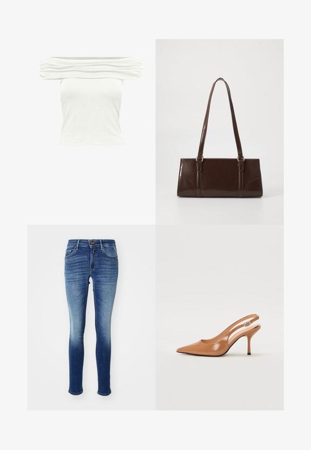 Weißes schulterfreies, geripptes Crop-Top mit gerafften Details entlang des Halsausschnitts und kurzem, eng anliegendem Schnitt.; Engen Jeans in einem blauen Denim mit Farbverlauf, ausgestattet mit fünf Taschen, einem Knopfverschluss und sanften Verblassungen Richtung Knöchel. Klassisches Design.; Spitz zulaufender Slingback-Absatz aus einem glatten, glänzenden, tanfarbenen Material. Mit einem geschwungenen Ausschnitt-Design und einem schlanken Stiletto-Absatz. Silberne Schnallendetails.; Braune Lackleder-Handtasche in rechteckiger Form, mit zwei langen Griffen und subtilen, geschwungenen Akzenten auf der Vorderseite.