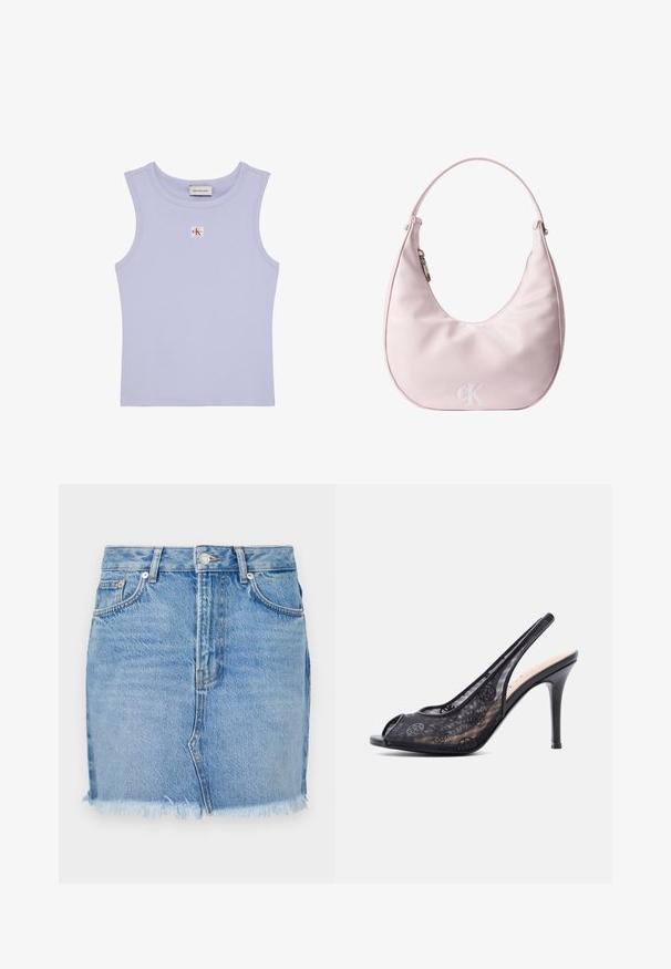 Crop top lilas côtelé sans manches avec encolure ronde et petit patch logo Calvin Klein rouge et blanc sur la poitrine.; Jupe en denim bleu avec une coupe ajustée, ourlet brut et poches avant classiques. Texture lisse avec un léger dégradé pour un look décontracté.; Chaussure slingback noire à talon haut, bout ouvert et empeigne en mesh avec motifs floraux discrets.; Sac à main rose clair en forme de croissant, avec une bandoulière unique, une fermeture éclair argentée sur le côté, et le logo "cK" en relief au centre à l'avant.