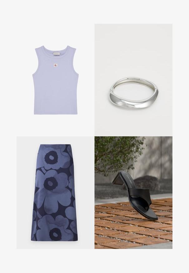 Ärmelloses, geripptes lilafarbenes Crop-Top mit rundem Ausschnitt und kleinem rot-weißem Calvin Klein Logo-Patch auf der Brust.; Blumenbedruckter Midi-Rock mit großen dunkelblauen Blumen auf einem helleren blauen Hintergrund; der Stoff wirkt glatt mit einer leicht glänzenden Textur.; Schwarze Calvin Klein Sandale mit Absatz und Zehenschlaufe auf einem Holzkachelfußboden im Freien neben einem Baum und einer Steinmauer.; Silberner Metallarmreif mit einem glatten, geschwungenen Design. Polierte Oberfläche und abgerundete Kanten sorgen für ein nahtloses Erscheinungsbild.