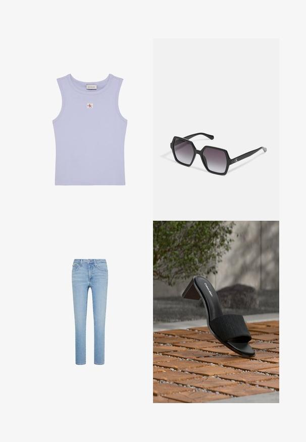 Bez rukávov rebrovaný ľaliový crop top s okrúhlym výstrihom a malou červeno-bielou nášivkou s logom Calvin Klein na hrudi.; Svetlomodré slim fit rifle s piatimi vreckami, predným zapínaním na gombík a zipsom, zobrazené na bielom pozadí.; Čierne otvorené mule Calvin Klein s hrubým podpätkom na drevenej dlažbe, vonkajšie prostredie s rozmazanou zeleňou a betónovým pozadím.; Čierne hexagonálne slnečné okuliare s gradientovými šošovkami, majú lesklý povrch a diskrétne logo na stranici. Vyrobené z odolného plastu.
