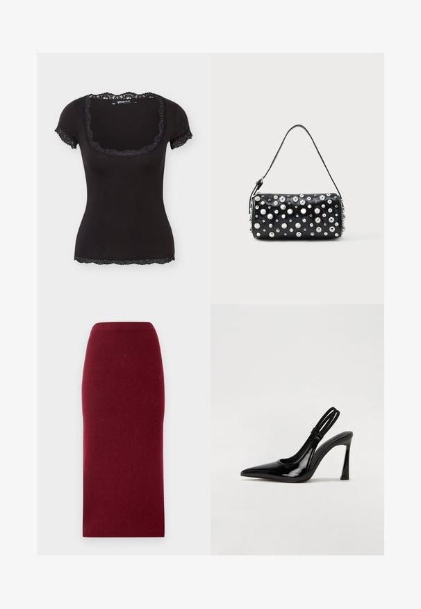 Zwart, kort mouwtjes, getailleerd shirt met kantafwerking op de vierkante halslijn, mouwzomen en zoom, met het label "gina tricot" aan de binnenkant van de kraag.; Bordeaux gebreide midi-rok met een aansluitende silhouette, gladde textuur en een tailleband. Geen zichtbare naden of patronen. Effen kleur door het hele stuk.; Zwarte gepatineerde leren slingback pump met puntige neus, slanke hoge hak en dubbele elastische band voor een veilige pasvorm. Gladde, glanzende oppervlakte.; Zwarte leren handtas met een afgeronde vorm, versierd met zilverkleurige studs. Voorzien van een afneembare riem en ritssluiting. Gladde textuur.