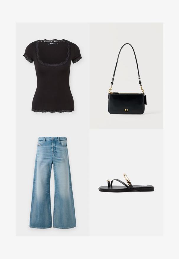 Sort kortærmet tætsiddende top med blonder på firkantet udskæring, ærmekanter og kant, mærket "gina tricot" inde i kraven.; Lysblå denim jeans med brede ben, let falming og slid på forlommer, knaplukning og bæltestropper.; Sort flad sandal med to tynde remme, hver med metaldetaljer i guld, vist fra siden på en ensfarvet lys baggrund.; Sort læder skuldertaske med gylden lynlås, gyldent spænde og justerbar rem mod en ensartet lys baggrund.