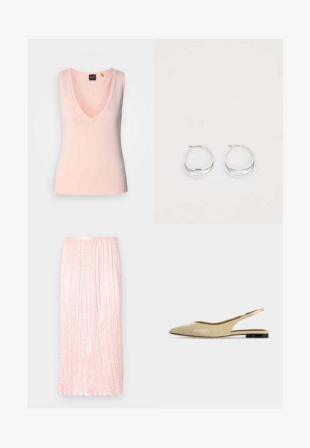 Pull sans manches rose clair avec un décolleté en V profond, ourlet côtelé, texture lisse et logo brodé en bas à gauche.; Jupe midi plissée en rose doux, avec une texture lisse et une taille élastique. Conçue avec des plis verticaux pour un aspect fluide.; Chaussure plate beige à bout pointu avec bride arrière, petit talon noir et finition en cuir lisse, vue de côté sur un fond uni.; Boucles d'oreilles en argent avec une finition polie et un branding DKNY, présentées sur un fond blanc uni.