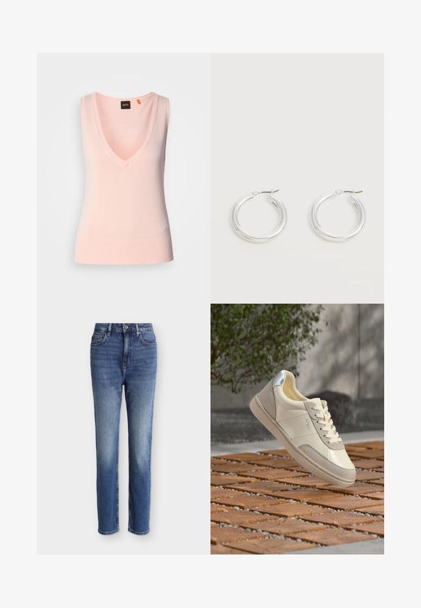 Helles rosa ärmelloses Sweatshirt mit einem tiefen V-Ausschnitt, geripptem Saum, glatter Struktur und gesticktem Logo auf der unteren linken Seite.; Midblaue Jeans mit hoher Taille und geradem Bein, vorne Taschen, Gürtelschlaufen, Knopfverschluss und dezenten, ausgewaschenen Details an Oberschenkeln und Knien.; Beiger und cremefarbener Sneaker mit silbernem Fersendetail, Schnürsenkel gebunden, über einer gefliesten Holzoberfläche mit verschwommenem Grün und Wand im Hintergrund positioniert.; Paar mittelgroße glänzende silberne Hoop-Ohrringe mit dünnen Metallverschlüssen auf hellem neutralem Hintergrund.