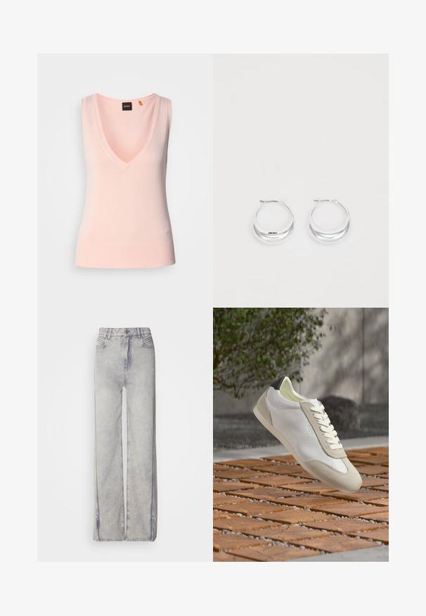 Pull sans manches rose clair avec un décolleté en V profond, ourlet côtelé, texture lisse et logo brodé en bas à gauche.; Jean large en denim bleu clair avec un délavage, doté d'une fermeture éclair, de cinq poches et de coutures contrastantes.; Baskets blanches et beiges décontractées avec détail noir au talon, lacets blancs et logo "BOSS", flottant au-dessus d'un pavé en bois en extérieur.; Boucles d'oreilles en argent avec une finition polie et un branding DKNY, présentées sur un fond blanc uni.