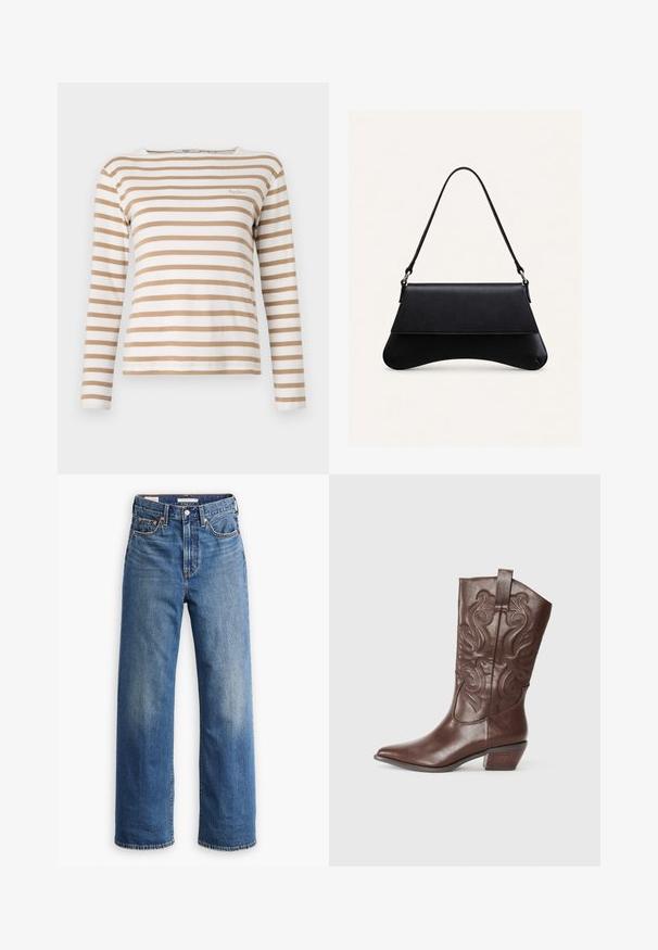 Pepe Jeans BETTY - Langarmshirt - oyster white; Hellblaue Jeans aus Denim mit hoher Taille, weitem Bein, klassischem Fünf-Taschen-Design und subtilen Verwaschungen im Stoff.; Braune Leder-Cowboystiefel mit spitzer Zehenpartie, dekorativer Stickerei am Schaft und niedrigem, gestapeltem Absatz. Glatte Textur mit glänzendem Finish.; Schwarze Lederhandtasche mit abgerundetem Boden, Klappverschluss und dünnem, einzelnen Schulterriemen vor schlichtem, hellem Hintergrund.