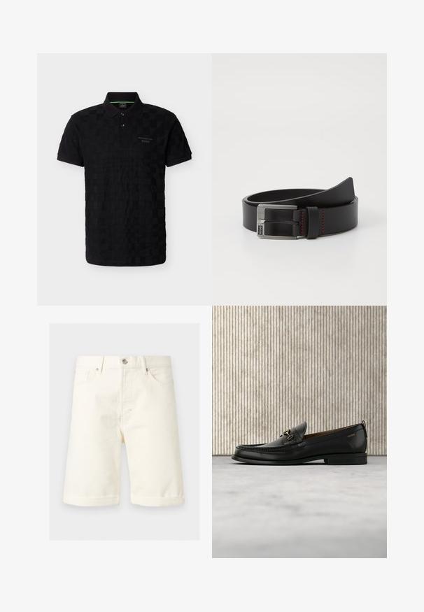 Polo noir à manches courtes avec un motif à carreaux subtil, deux boutons et le logo Porsche BOSS sur la poitrine à gauche.; Short en denim couleur crème jusqu'aux genoux avec poches avant, passants de ceinture, fermeture par bouton et ourlets retournés.; Mocassin en cuir noir avec mors en métal doré et logo "HUGO", présenté sur un tapis beige et un meuble translucide marron.; Ceinture en cuir noir avec une boucle en métal argenté et des accents de surpiqûres rouges, présentant une texture lisse et mate ainsi qu'un design classique.