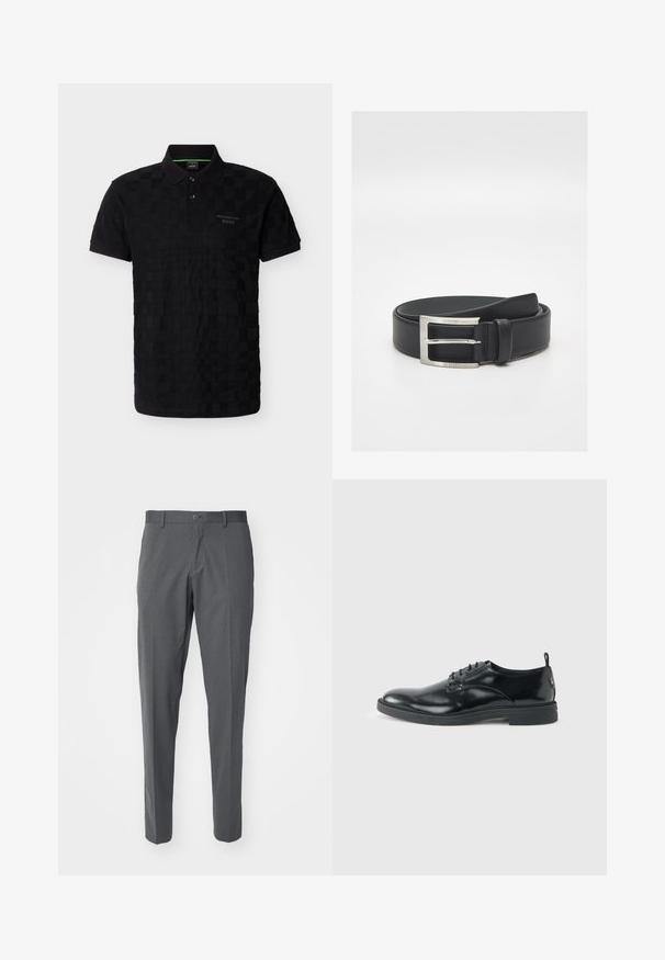Polo negro de manga corta con un sutil patrón a cuadros, dos botones y el logo Porsche BOSS en el pecho izquierdo.; Pantalones grises hechos de una tela suave, con cierre de botón, bolsillos delanteros y un diseño ajustado.; Zapato de vestir negro de cuero brillante con tacón bajo, cierre de cordones y puntera redonda, mostrado de lado sobre un fondo claro y liso.; Cinturón de cuero negro con hebilla rectangular plateada grabada con "BOSS", enrollado cuidadosamente sobre un fondo blanco.