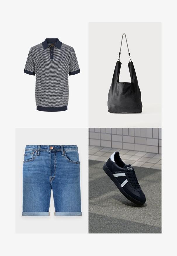 Herre kortærmet navyblå og hvid strikket polo med bølgemønster, tre-knaps åbning, ribstrikket krave, ærmer og kant.; Denim shorts i en mellemmel tone med opkrøllede manchetter, fem-lomme design, messingknaplukning og kontraststing.; Sort lædersneaker med hvide striber, tekstureret gummisål og snørrebånd foran. Har et brandet mærke på tungen.; Sort blød stofnettaske med brede håndtag og en tynd sort-hvid flettet skulderrem.