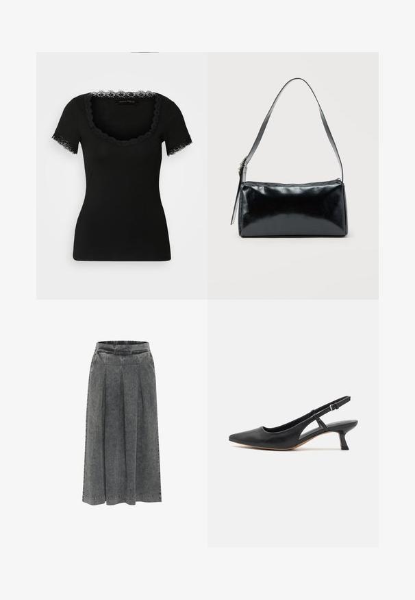 Camiseta negra de manga corta con borde de encaje en el escote y los bordes de las mangas, hecha de material suave, con un diseño ajustado.; Falda de mezclilla gris con pliegues, cinturilla elástica, de longitud a la rodilla y con una superficie texturizada. Diseño simple sin patrones o adornos visibles.; Zapato slingback de piel negra con punta afilada, tacón bajo tipo bloque, detalle en los laterales recortados y correa ajustable en el tobillo. Textura suave en toda la superficie.; Bolso de hombro rectangular negro con una correa ajustable y un cierre de cremallera superior sobre un fondo liso.