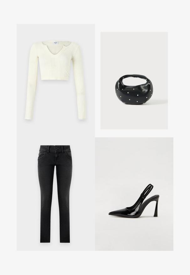 Crop-Top aus cremefarbenem Strickmaterial. Lange Ärmel mit gerippter Textur und kleinen Aussparungen am Kragen.; Schwarze, enge Jeans aus Denim mit einem Zwei-Knopf-Bund, Fronttaschen und einer glatten, strukturierten Oberfläche. Standardpassform, durchgehendes Design.; Schwarze Lackleder Slingback-Pumps mit spitzem Zehenbereich, schlankem hohen Absatz und doppeltem elastischen Riemen für einen sicheren Sitz. Glatte, glänzende Oberfläche.; Schwarze Lederhandtasche mit abgerundeter Form, verziert mit silbernen Nietenakzenten und kurzem Griff. Glatte Struktur und Reißverschlussverschluss.