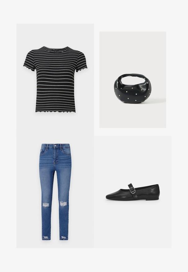 Zwarte ribbel top met korte mouwen en witte horizontale strepen. Golvende mouw- en halslijndetails accentueren het ontwerp. Geschikt voor casual kleding.; Slanke blauwe jeans met een vervaagde wassing, voorzien van twee kniewonden, vijf zakken, een knoopsluiting en riemlussen. Katoenmix stof.; Zwarte leren platte schoen met een ronde neus, een enkele verstelbare gespsluiting en een gladde, glanzende textuur. Minimalistisch ontwerp met een lage hak.; Zwarte leren handtas met een afgeronde vorm, versierd met zilveren studs, en een korte handgreep. Gladde textuur en ritsluiting.
