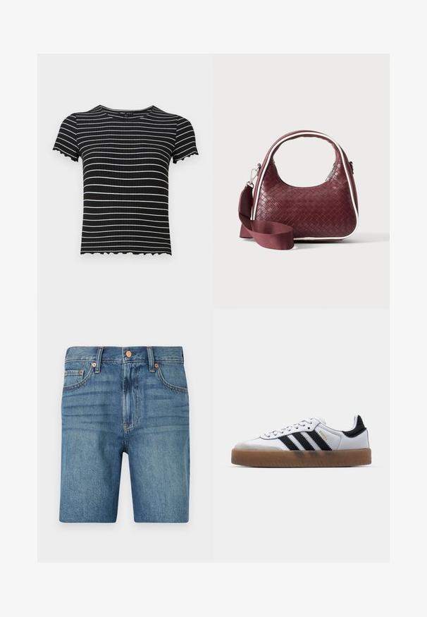 Sort ribbet kortærmet top med hvide horisontale striber. Scalloperede manchetter og udskæring, der fremhæver designet. Velegnet til afslappet brug.; Denim shorts i lyseblå med klassisk skæring, fem lommer og kobberaccent for kontrast. Tekstureret, mellemvægtigt stof.; Hvide lædersneakers med sorte striber, gummirubber sål, rund tå, snørelukning og blød grå ruskinds tåhætte.; Mørkerød vævet lædertaske med buet hank, hvid kant, sølv lynlås og aftagelig bred stofskulderrem mod en ensfarvet baggrund.