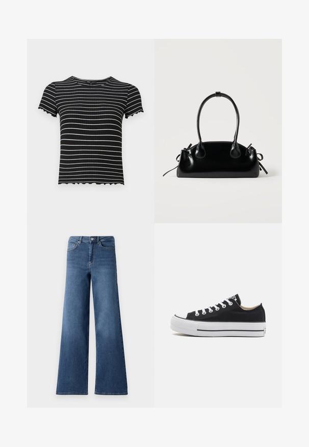 Schwarzes, geripptes Kurzarmoberteil mit weißen horizontalen Streifen. Die gewellten Bündchen und der Ausschnitt verleihen dem Design eine besondere Note. Geeignet für die Freizeit.; Breite, blaue Jeans mit weitem Bein, die einen normalen Bund, Vorderaschen und eine glatte Textur aufweisen. Keine sichtbaren Muster oder Verzierungen.; Niedriger schwarzer Canvas-Sneaker mit weißer Gummisohle, weißen Schnürsenkeln und schwarzem Streifendetail entlang der Sohle, von der Seite gesehen.; Kleine schwarze glänzende Handtasche mit zwei langen Griffen und seitlichen Kordelzug-Details vor einfachem hellem Hintergrund.