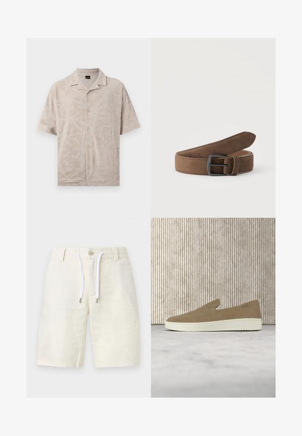 Chemise beige à manches courtes avec boutons, motif de feuilles texturées subtile, petit col, posée à plat sur un fond blanc.; Shorts décontractés couleur crème avec taille élastique, fermeture par bouton, passants de ceinture et cordons blancs.; Chaussure beige sans lacets avec semelle blanche, présentée en suspension sur un tapis clair avec un mobilier transparent de couleur ambre en arrière-plan.; Ceinture en daim marron avec boucle métallique noire enroulée sur un fond clair uni.