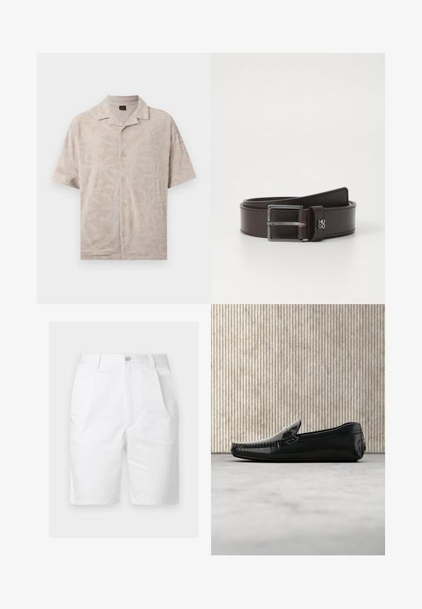Chemise beige à manches courtes avec boutons, motif de feuilles texturées subtile, petit col, posée à plat sur un fond blanc.; Short blanc mi-long jusqu'aux genoux avec plis à l'avant, poches latérales, passants pour ceinture et fermeture par bouton à la taille.; Mocassins en cuir noir avec une finition brillante, bout rond et quincaillerie décorative à l'avant. Semelle en caoutchouc à profil bas. Texture lisse.; Ceinture en cuir brun avec une finition lisse, dotée d'une boucle rectangulaire en ton argent et d'accents de couture rouge. Détail du logo sur la sangle.