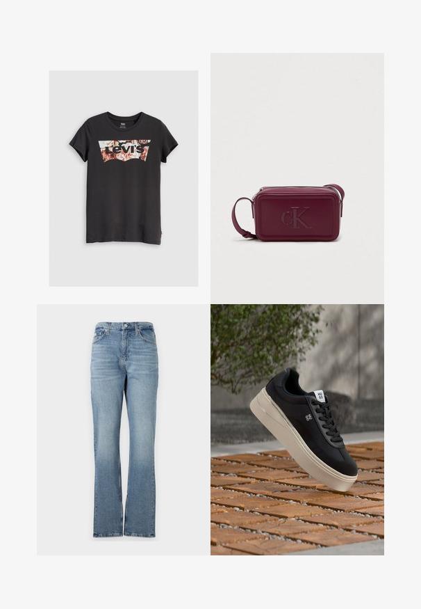 Μαύρο κοντομάνικο t-shirt με λογότυπο Levi's, που διαθέτει floral μοτίβο σε αποχρώσεις ροζ και καφέ μέσα στη χαρακτηριστική σχεδίαση.; Ανοιχτό μπλε τζιν παντελόνι με ίσια γραμμή, πέντε τσέπες, θηλιές για ζώνη και φερμουάρ. Το ύφασμα έχει μια διακριτική υφή.; Μαύρο αθλητικό παπούτσι χαμηλού προφίλ με λευκή παχιά σόλα και λογότυπο "HUGO" που αιωρείται πάνω από ξύλινα πλακάκια σε εξωτερικό χώρο.; Πορτοκαλί δερμάτινη τσάντα με ορθογώνια σχήμα, ανάγλυφο λογότυπο "cK" στην μπροστινή πλευρά, κλείσιμο με φερμουάρ και αποσπώμενος ιμάντας για μεταφορά.