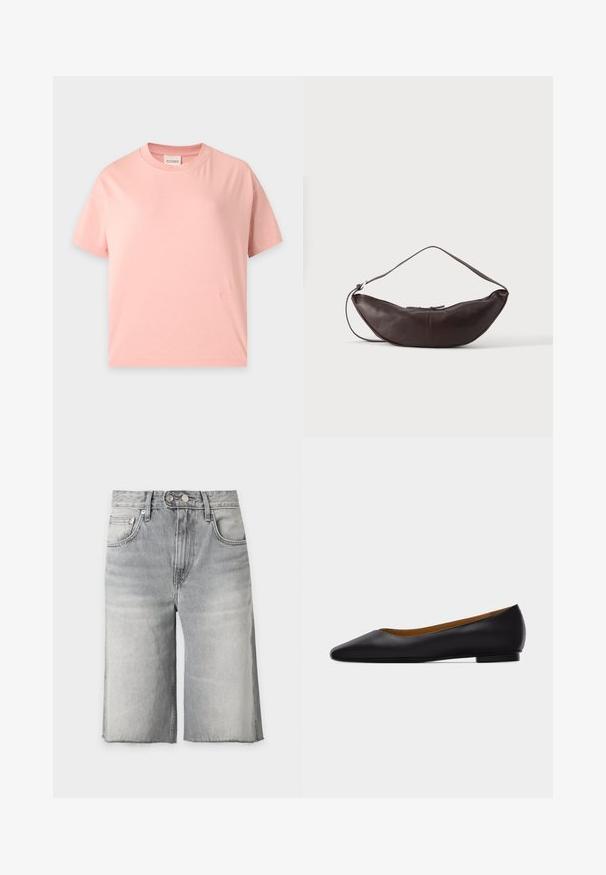 T-shirt à manches courtes rose clair avec un col rond, une coupe droite et un petit logo brodé ton sur ton près de l’ourlet inférieur.; Short en jean gris délavé taille haute avec ourlets effilochés, poches avant, passants de ceinture, fermeture par bouton et glissière.; Chaussure plate en cuir noir à bout pointu avec talon bas et finition lisse, vue de côté sur un fond gris clair.; Sac d'épaule en cuir marron foncé en forme de croissant avec une lanière courbée et des coutures visibles sur fond uni.