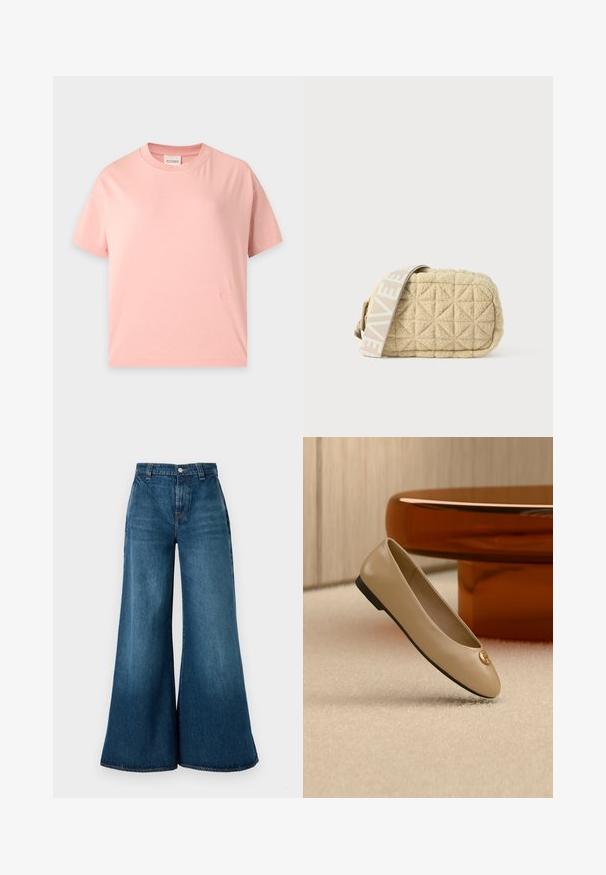 Lyserød T-shirt med korte ærmer, rund hals, lige pasform og et lille tone-i-tone broderet logo nær nederste kant.; Bredde ben denim jeans i mørkeblå vask, med høj talje, frontknaplukning og klassisk fem-lomme design. Glat tekstur.; Beige læder balletflat med sort sål og guldemblem på tåen, placeret på cremefarvet tæppe ved siden af afrundet ravfarvet møbel.; Kviltet beige taske med rektangulær form, der har en mønstret lys skulderrem. Lavet af blødt materiale med diamantformede detaljer.