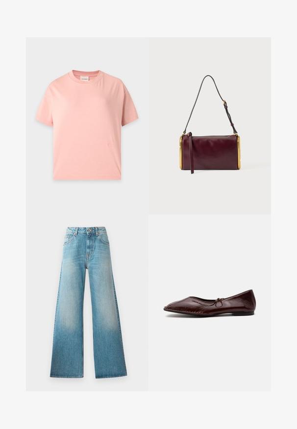 Lyserød T-shirt med korte ærmer, rund hals, lige pasform og et lille tone-i-tone broderet logo nær nederste kant.; Lysblå denim wide-leg jeans med høj talje, fem-lomme design og diskret falmning langs lårerne. Kobberfarvede hardware-detaljer.; Skinnende mørkebrun flad sko med spids tå og lille sløjfedetalje på toppen, vist på en ensartet lys baggrund.; Bordeauxfarvet cylindrisk skuldertaske i læder med guldfarvede metalrammedetaljer og justerbar sort rem på en lysegrå baggrund.