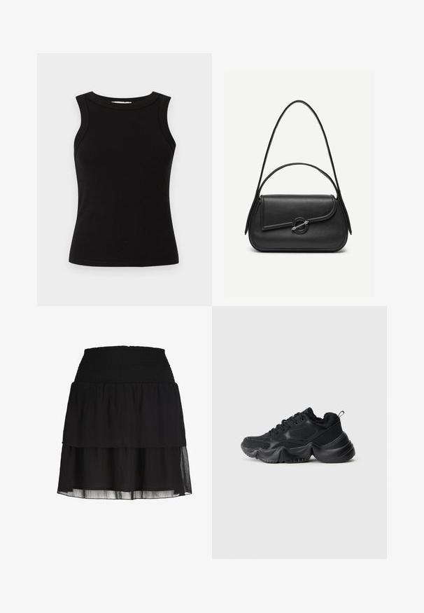 Zwarte geribde mouwloze tanktop met een ronde halslijn en een aansluitende pasvorm.; Zwarte gelaagde minirok met brede smock-elastische tailleband en licht doorschijnende stoflagen.; Zwarte sneakers met een mix van gladde en textuurmaterialen, dikke zolen, ronde vorm en decoratieve stiksels. Voorzien van een zachte, pluche manchet.; Zwarte leren handtas met afgeronde hoeken, asymmetrische klep, metalen ronde sluiting en zowel korte als lange schouderriemen.