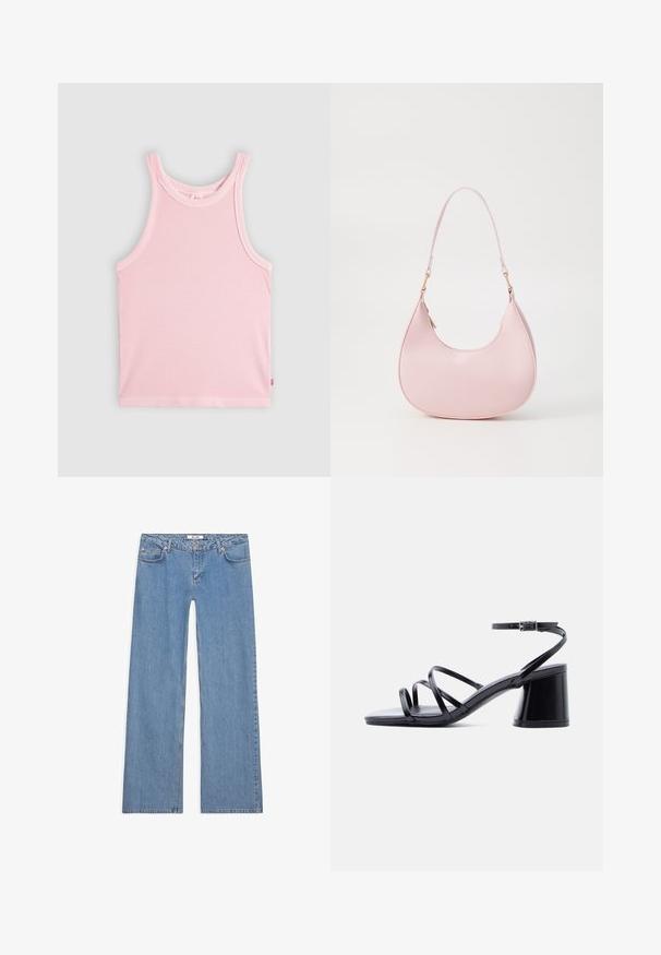 Lichtroze geribbelde mouwloze tanktop met ronde halslijn, plat uitgestald op een grijze achtergrond.; Lichtblauwe wijde spijkerbroek van denim, met een vijf-pocket ontwerp, knoopsluiting en gestikte details langs de naden en zoom.; Zwarte sandaal voor vrouwen met blokhak, drie dunne bandjes over de tenen en een enkelbandje met zilveren gesp op een witte achtergrond.; Call it Spring CELESTY - Handtas - other pink