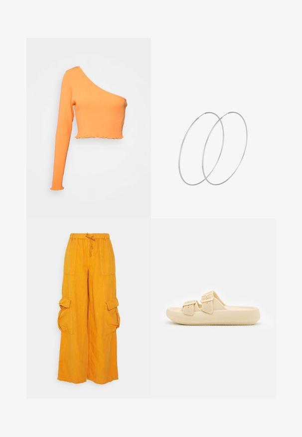 Monki T-shirt à manches longues - orange; BDG Urban Outfitters BDG LUCA - Pantalon cargo - orange; Sandale décontractée beige à enfiler avec un dessus texturé, des sangles à boucle ajustables et une semelle épaisse et rembourrée. Design léger adapté pour un usage quotidien.; Boucles d'oreilles en argent au design minimaliste. Forme circulaire, texture lisse et profil fin. Légères avec une finition polie.