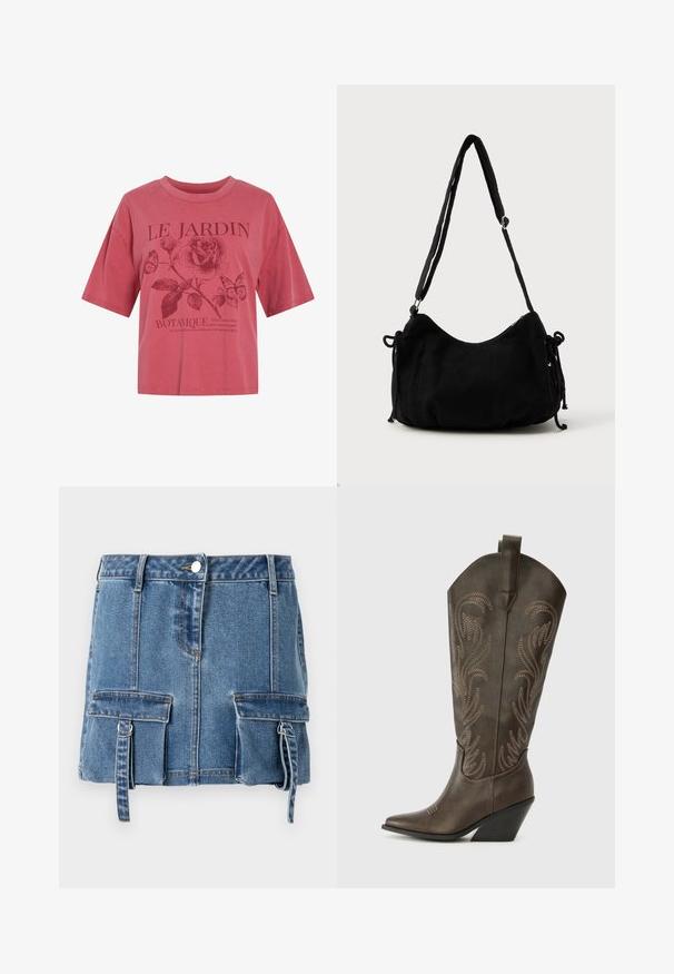 Pinkes kurzärmeliges Shirt mit rundem Ausschnitt, mit einer Rose, zwei Schmetterlingen und dem Schriftzug „LE JARDIN BOTANIQUE“ sowie einer kleineren Phrase darunter.; Denim-Minirock in hellblau, mit hoher Taille, vorderem Knopfverschluss und zwei Vordertaschen mit verstellbaren Trägern.; Braune Leder-Cowboystiefel mit einer spitzen Zehe, Wedge-Absatz und dekorativer Stickerei. Besitzt einen hohen Schaft und eine Zuglasche.; Schwarze Cordtasche mit geschwungener Form, verstellbarem Schultergurt und Kordelzugverschlüssen an beiden Seiten zur Größenanpassung.
