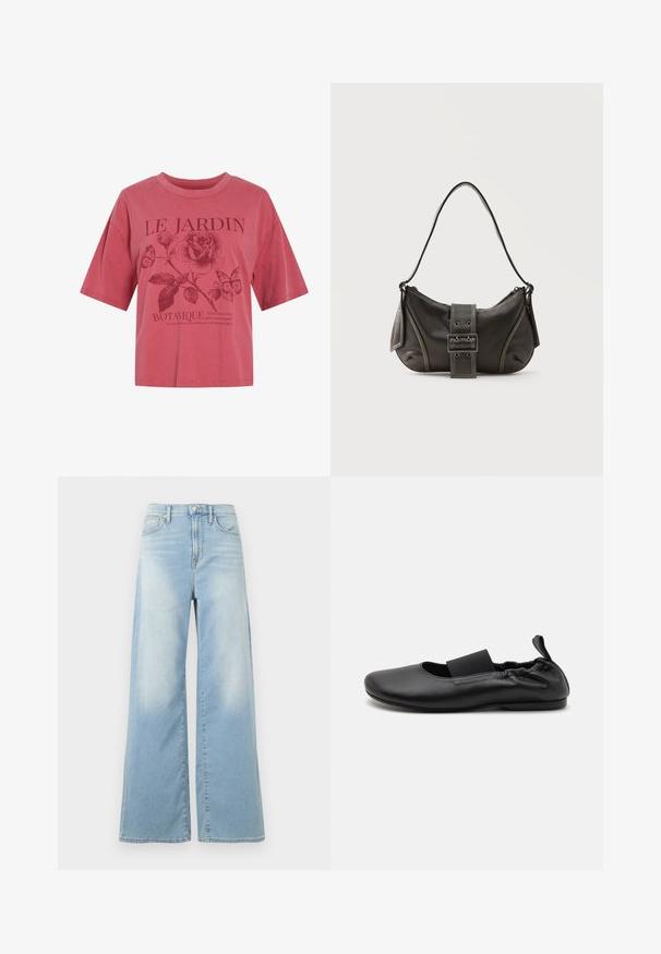 Pinkes kurzärmeliges Shirt mit rundem Ausschnitt, mit einer Rose, zwei Schmetterlingen und dem Schriftzug „LE JARDIN BOTANIQUE“ sowie einer kleineren Phrase darunter.; Hellblaue Jeans mit weitem Bein und hoher Taille, mit vorderem Knopf und Taschen, vor weißem Hintergrund dargestellt.; Schwarze Ballerina aus glattem synthetischem Material mit elastischem Band, runder Zehenpartie und kleinem Absatz sowie gerafftem Rückendetail.; Schwarze Leder-Schultertasche mit Schnallengurt-Detail, abgerundeten Kanten und kontrastierenden weißen Nähten auf schlichtem Hintergrund.