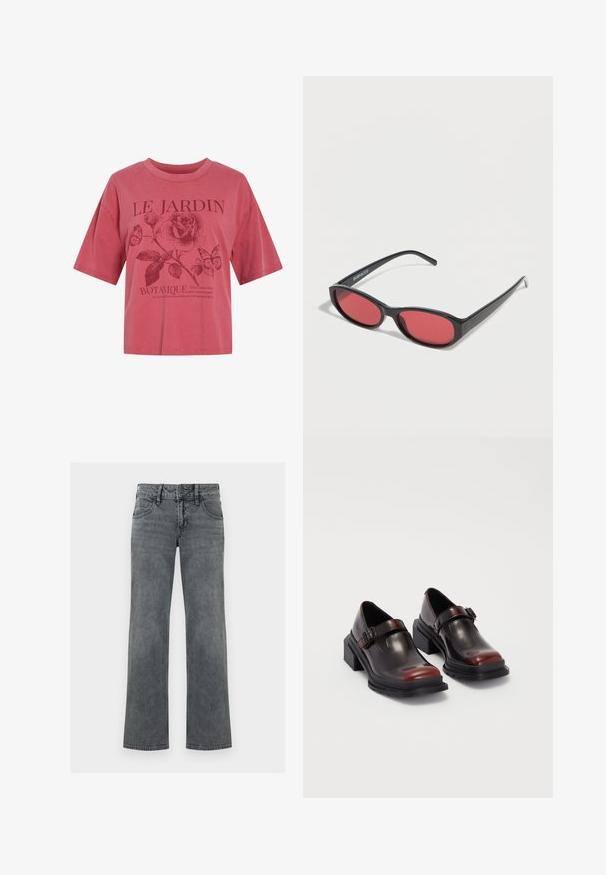 Chemise rose à manches courtes avec un col rond, présentant une rose, deux papillons et le texte "LE JARDIN BOTANIQUE" avec une phrase plus petite en dessous.; Jeans en denim gris à jambe droite avec bouton frontal, fermeture éclair et cinq poches, présentés sur un fond blanc.; Chaussures à talons carrés en cuir avec une finition bordeaux foncé brillante, dotées d'une sangle avec boucle et d'un design à bout arrondi. Semelle texturée pour une meilleure adhérence.; Lunettes de soleil ovales noires avec des branches fines et des verres teintés rouges posées sur une surface blanche.