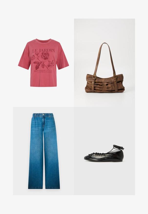 Chemise rose à manches courtes avec un col rond, présentant une rose, deux papillons et le texte "LE JARDIN BOTANIQUE" avec une phrase plus petite en dessous.; Jean à jambes larges en denim bleu clair, dotés d'une taille élastique, d'une fermeture à bouton et d'un design droit avec un effet décoloré.; Ballerines en cuir verni noir avec un bout rond, un design à lacets et une semelle plate. Texture lisse avec peu de détails.; Even&Odd Sac à main - brown